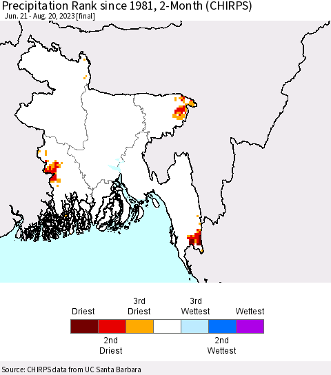 Bangladesh Precipitation Rank since 1981, 2-Month (CHIRPS) Thematic Map For 6/21/2023 - 8/20/2023