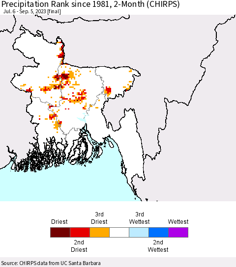 Bangladesh Precipitation Rank since 1981, 2-Month (CHIRPS) Thematic Map For 7/6/2023 - 9/5/2023