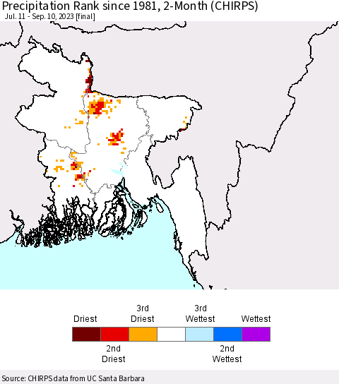 Bangladesh Precipitation Rank since 1981, 2-Month (CHIRPS) Thematic Map For 7/11/2023 - 9/10/2023