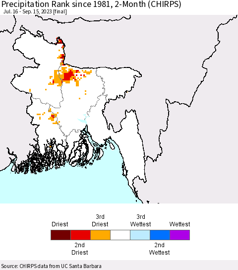 Bangladesh Precipitation Rank since 1981, 2-Month (CHIRPS) Thematic Map For 7/16/2023 - 9/15/2023