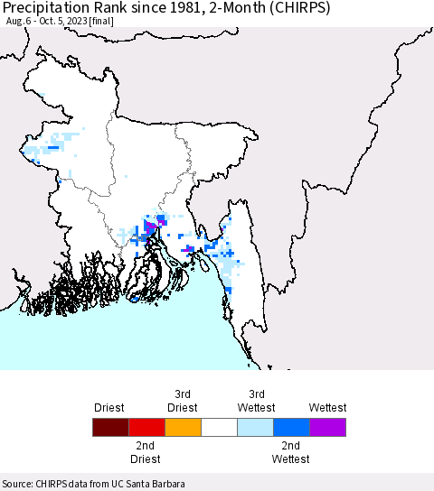 Bangladesh Precipitation Rank since 1981, 2-Month (CHIRPS) Thematic Map For 8/6/2023 - 10/5/2023