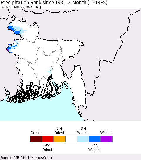 Bangladesh Precipitation Rank since 1981, 2-Month (CHIRPS) Thematic Map For 9/21/2023 - 11/20/2023