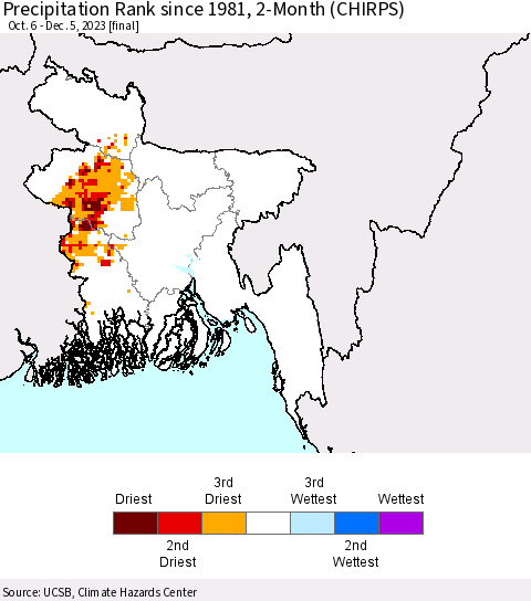 Bangladesh Precipitation Rank since 1981, 2-Month (CHIRPS) Thematic Map For 10/6/2023 - 12/5/2023