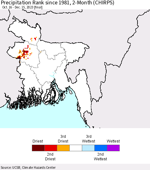 Bangladesh Precipitation Rank since 1981, 2-Month (CHIRPS) Thematic Map For 10/16/2023 - 12/15/2023