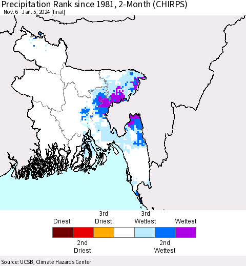 Bangladesh Precipitation Rank since 1981, 2-Month (CHIRPS) Thematic Map For 11/6/2023 - 1/5/2024