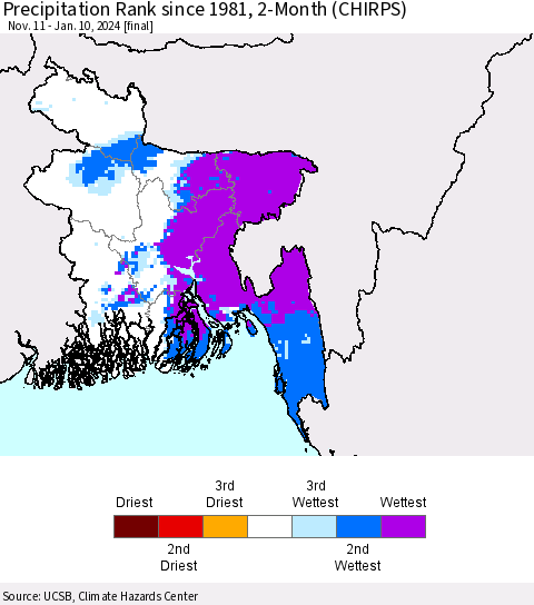 Bangladesh Precipitation Rank since 1981, 2-Month (CHIRPS) Thematic Map For 11/11/2023 - 1/10/2024