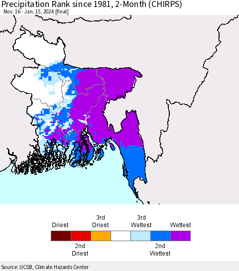 Bangladesh Precipitation Rank since 1981, 2-Month (CHIRPS) Thematic Map For 11/16/2023 - 1/15/2024