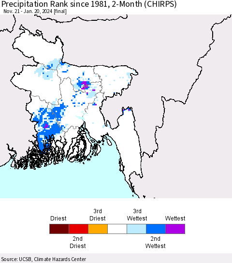 Bangladesh Precipitation Rank since 1981, 2-Month (CHIRPS) Thematic Map For 11/21/2023 - 1/20/2024