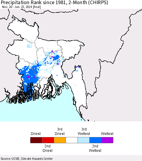 Bangladesh Precipitation Rank since 1981, 2-Month (CHIRPS) Thematic Map For 11/26/2023 - 1/25/2024