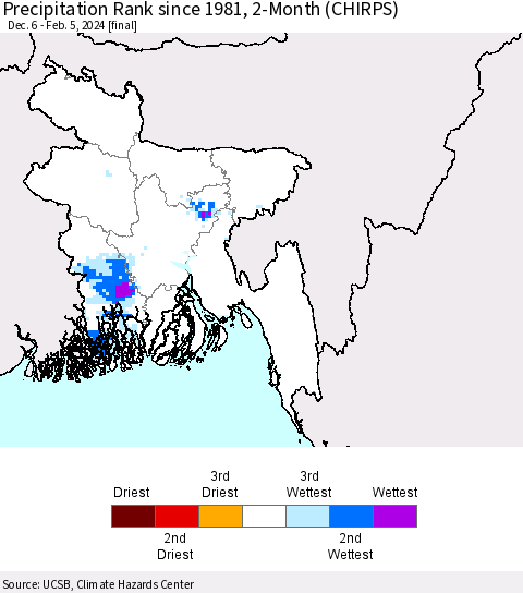 Bangladesh Precipitation Rank since 1981, 2-Month (CHIRPS) Thematic Map For 12/6/2023 - 2/5/2024
