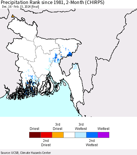 Bangladesh Precipitation Rank since 1981, 2-Month (CHIRPS) Thematic Map For 12/16/2023 - 2/15/2024