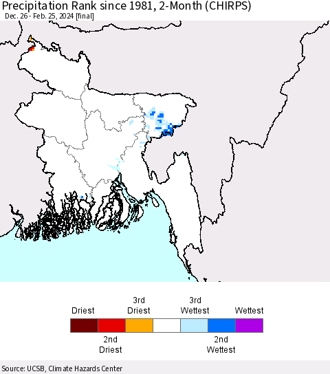 Bangladesh Precipitation Rank since 1981, 2-Month (CHIRPS) Thematic Map For 12/26/2023 - 2/25/2024