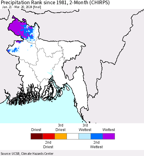 Bangladesh Precipitation Rank since 1981, 2-Month (CHIRPS) Thematic Map For 1/21/2024 - 3/20/2024
