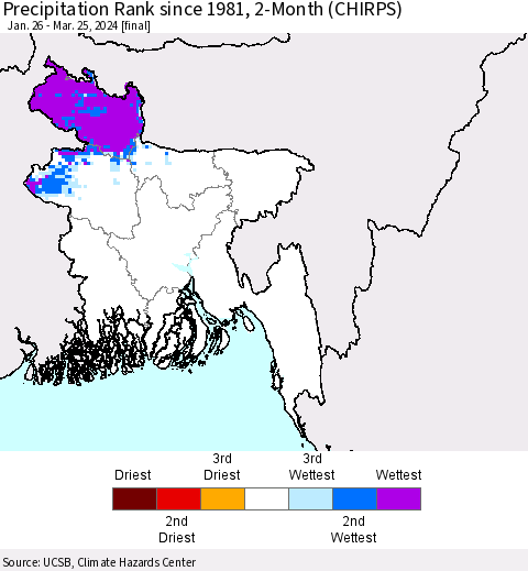 Bangladesh Precipitation Rank since 1981, 2-Month (CHIRPS) Thematic Map For 1/26/2024 - 3/25/2024
