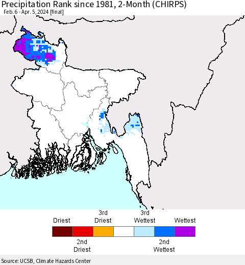 Bangladesh Precipitation Rank since 1981, 2-Month (CHIRPS) Thematic Map For 2/6/2024 - 4/5/2024