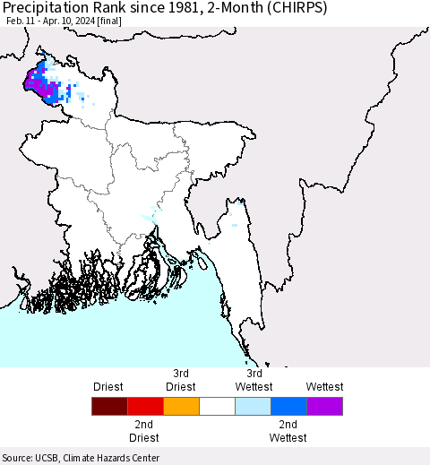 Bangladesh Precipitation Rank since 1981, 2-Month (CHIRPS) Thematic Map For 2/11/2024 - 4/10/2024