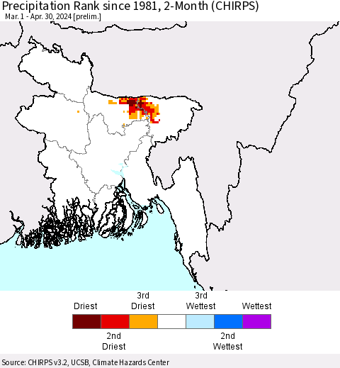 Bangladesh Precipitation Rank since 1981, 2-Month (CHIRPS) Thematic Map For 3/1/2024 - 4/30/2024