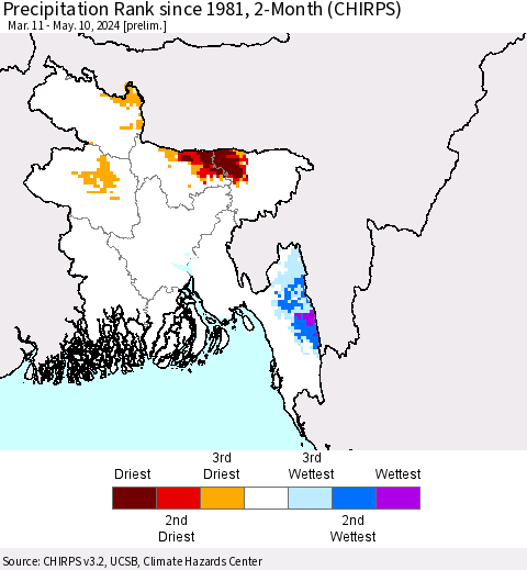Bangladesh Precipitation Rank since 1981, 2-Month (CHIRPS) Thematic Map For 3/11/2024 - 5/10/2024