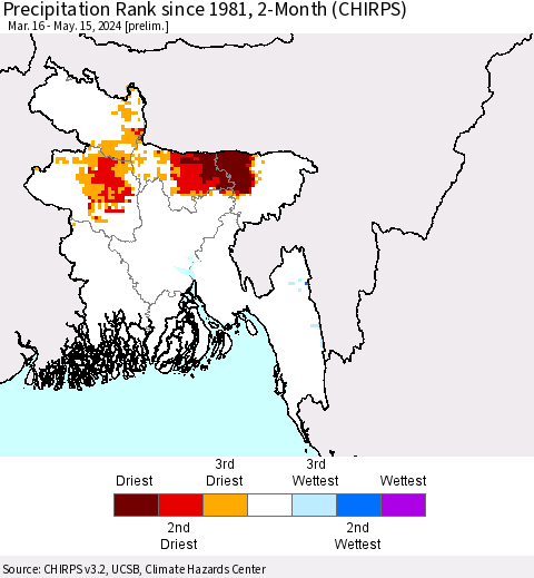 Bangladesh Precipitation Rank since 1981, 2-Month (CHIRPS) Thematic Map For 3/16/2024 - 5/15/2024