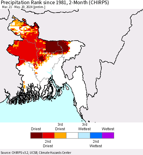 Bangladesh Precipitation Rank since 1981, 2-Month (CHIRPS) Thematic Map For 3/21/2024 - 5/20/2024