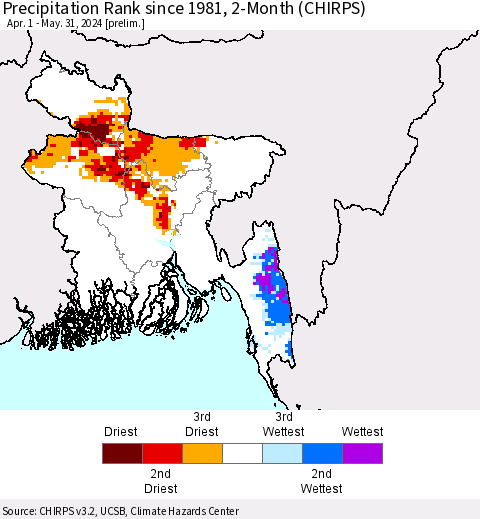 Bangladesh Precipitation Rank since 1981, 2-Month (CHIRPS) Thematic Map For 4/1/2024 - 5/31/2024