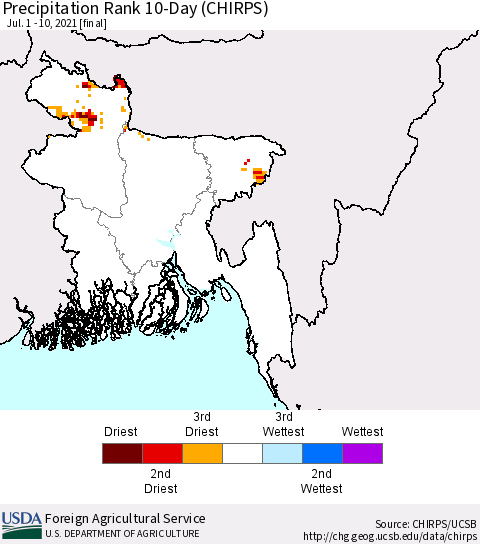 Bangladesh Precipitation Rank since 1981, 10-Day (CHIRPS) Thematic Map For 7/1/2021 - 7/10/2021
