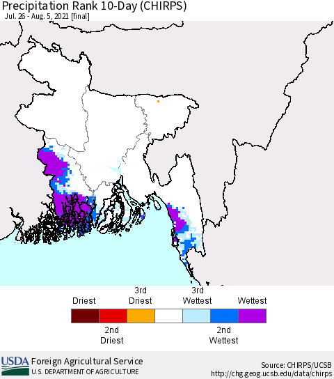 Bangladesh Precipitation Rank since 1981, 10-Day (CHIRPS) Thematic Map For 7/26/2021 - 8/5/2021