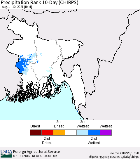 Bangladesh Precipitation Rank since 1981, 10-Day (CHIRPS) Thematic Map For 8/1/2021 - 8/10/2021