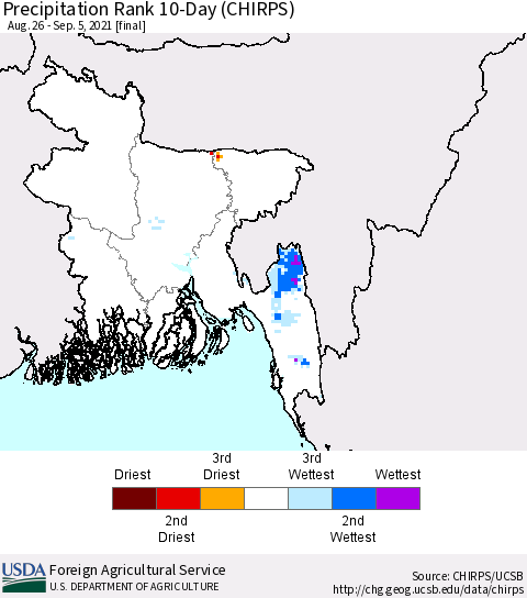 Bangladesh Precipitation Rank since 1981, 10-Day (CHIRPS) Thematic Map For 8/26/2021 - 9/5/2021