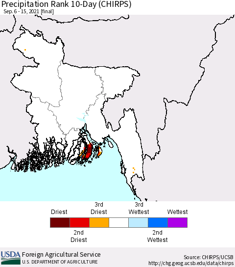 Bangladesh Precipitation Rank since 1981, 10-Day (CHIRPS) Thematic Map For 9/6/2021 - 9/15/2021