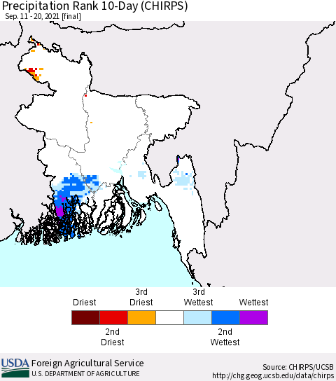 Bangladesh Precipitation Rank since 1981, 10-Day (CHIRPS) Thematic Map For 9/11/2021 - 9/20/2021