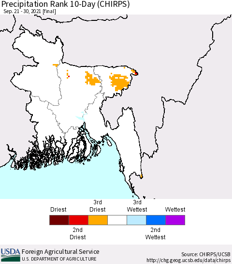 Bangladesh Precipitation Rank since 1981, 10-Day (CHIRPS) Thematic Map For 9/21/2021 - 9/30/2021