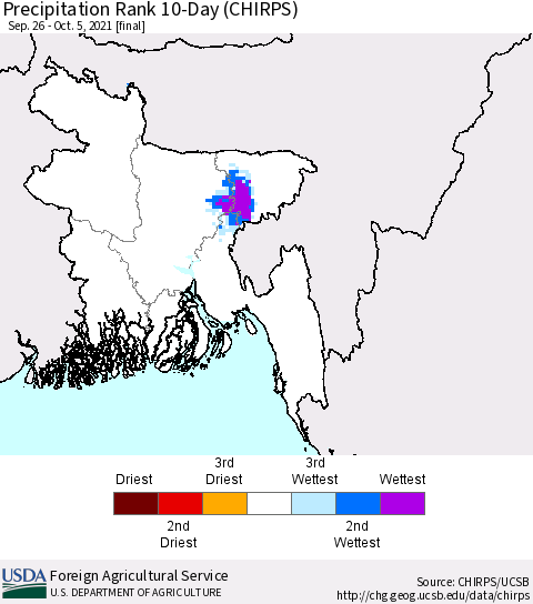 Bangladesh Precipitation Rank since 1981, 10-Day (CHIRPS) Thematic Map For 9/26/2021 - 10/5/2021