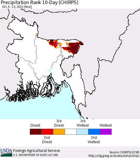Bangladesh Precipitation Rank since 1981, 10-Day (CHIRPS) Thematic Map For 10/6/2021 - 10/15/2021