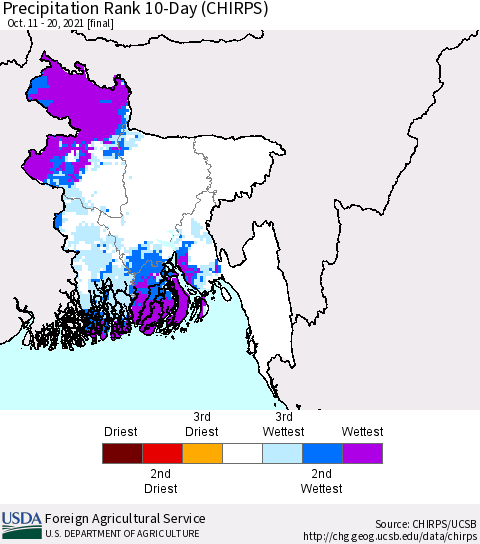 Bangladesh Precipitation Rank since 1981, 10-Day (CHIRPS) Thematic Map For 10/11/2021 - 10/20/2021