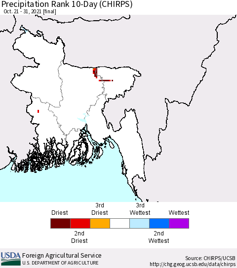 Bangladesh Precipitation Rank since 1981, 10-Day (CHIRPS) Thematic Map For 10/21/2021 - 10/31/2021
