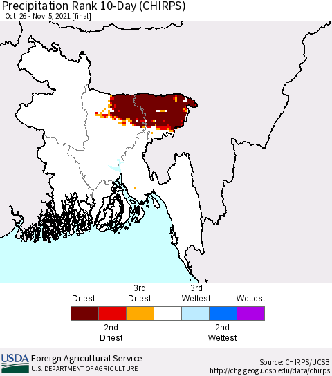 Bangladesh Precipitation Rank since 1981, 10-Day (CHIRPS) Thematic Map For 10/26/2021 - 11/5/2021