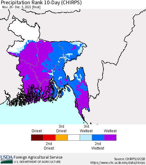 Bangladesh Precipitation Rank since 1981, 10-Day (CHIRPS) Thematic Map For 11/26/2021 - 12/5/2021