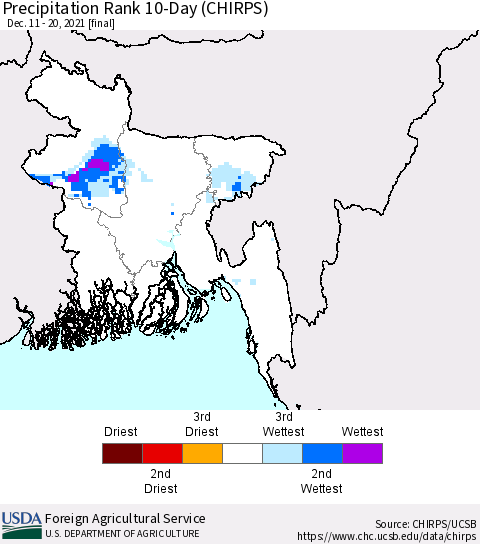 Bangladesh Precipitation Rank since 1981, 10-Day (CHIRPS) Thematic Map For 12/11/2021 - 12/20/2021