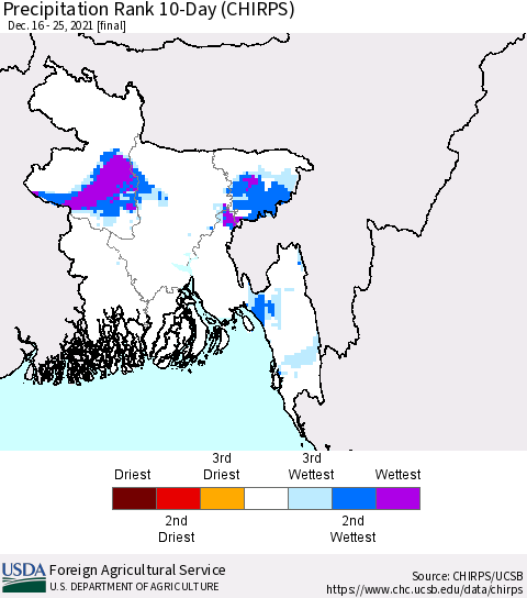 Bangladesh Precipitation Rank since 1981, 10-Day (CHIRPS) Thematic Map For 12/16/2021 - 12/25/2021