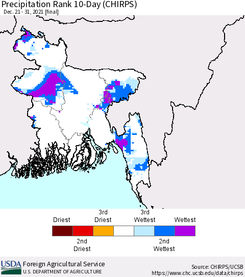 Bangladesh Precipitation Rank since 1981, 10-Day (CHIRPS) Thematic Map For 12/21/2021 - 12/31/2021