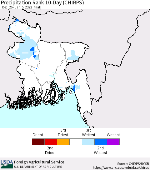 Bangladesh Precipitation Rank since 1981, 10-Day (CHIRPS) Thematic Map For 12/26/2021 - 1/5/2022