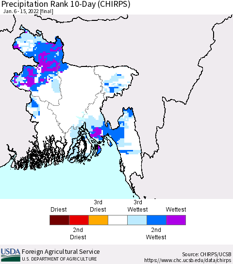 Bangladesh Precipitation Rank since 1981, 10-Day (CHIRPS) Thematic Map For 1/6/2022 - 1/15/2022