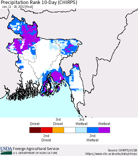 Bangladesh Precipitation Rank since 1981, 10-Day (CHIRPS) Thematic Map For 1/11/2022 - 1/20/2022