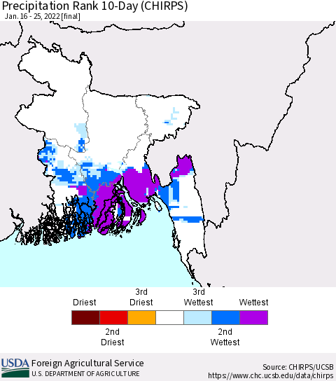 Bangladesh Precipitation Rank since 1981, 10-Day (CHIRPS) Thematic Map For 1/16/2022 - 1/25/2022