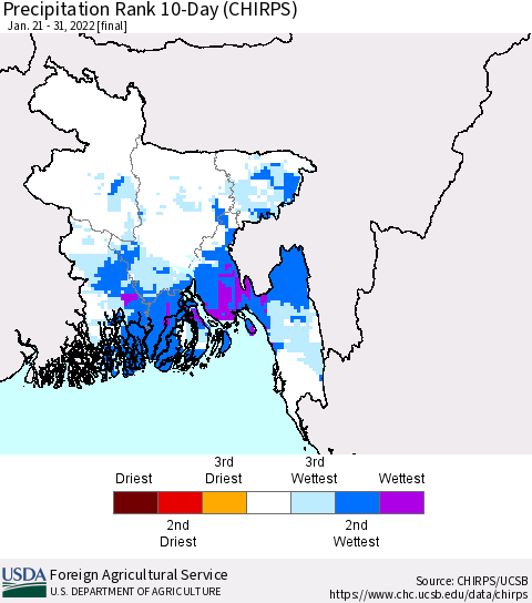Bangladesh Precipitation Rank since 1981, 10-Day (CHIRPS) Thematic Map For 1/21/2022 - 1/31/2022