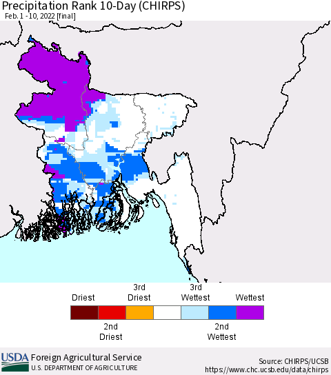 Bangladesh Precipitation Rank since 1981, 10-Day (CHIRPS) Thematic Map For 2/1/2022 - 2/10/2022