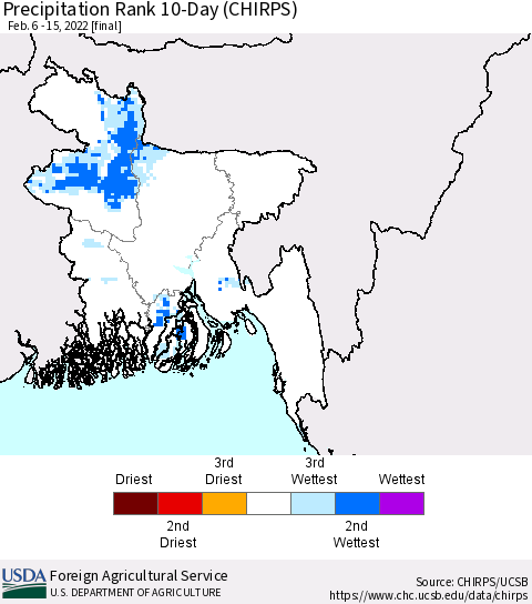 Bangladesh Precipitation Rank since 1981, 10-Day (CHIRPS) Thematic Map For 2/6/2022 - 2/15/2022