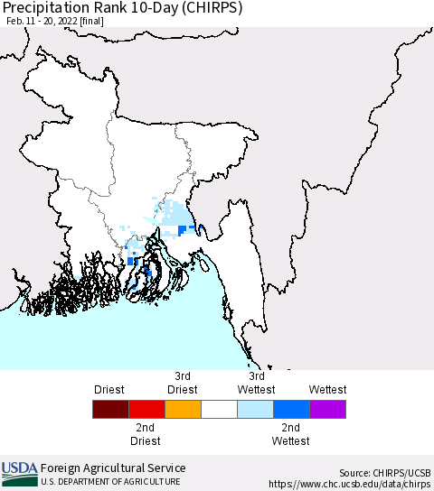 Bangladesh Precipitation Rank since 1981, 10-Day (CHIRPS) Thematic Map For 2/11/2022 - 2/20/2022