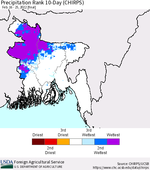 Bangladesh Precipitation Rank since 1981, 10-Day (CHIRPS) Thematic Map For 2/16/2022 - 2/25/2022